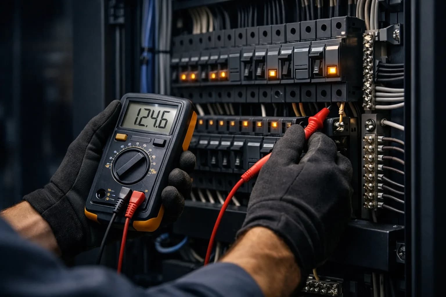 Electrical technician performing fault diagnosis with a multimeter on an organized breaker panel.
