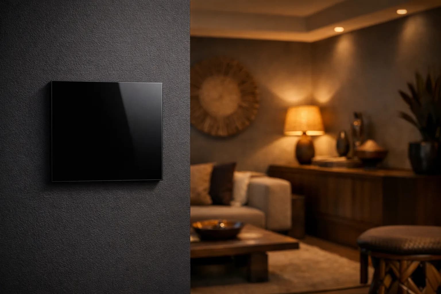 Elegant smart home switch integrated into a warm contemporary interior.