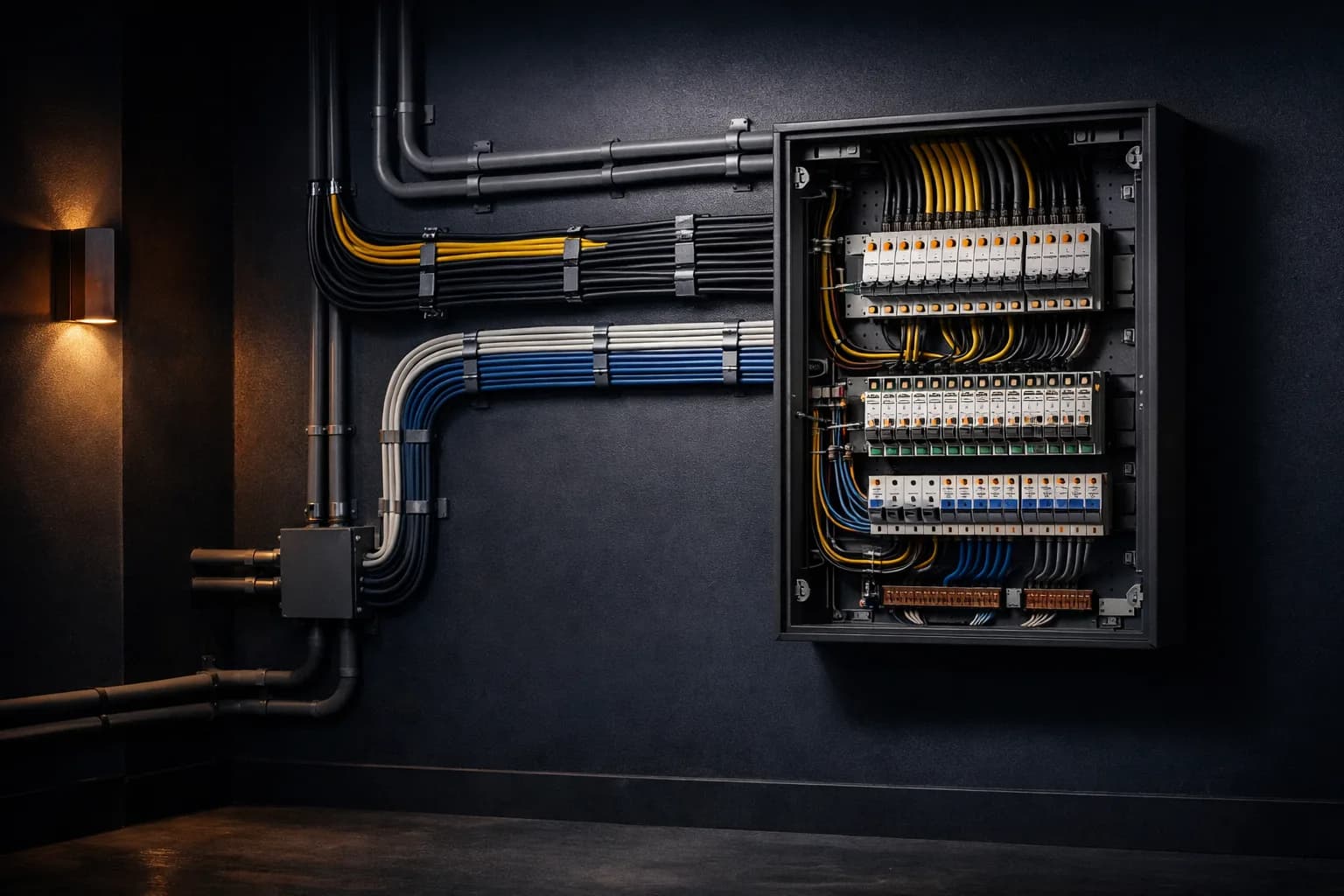 Premium electrical wiring installation with organized conduit routing and a clean distribution board.
